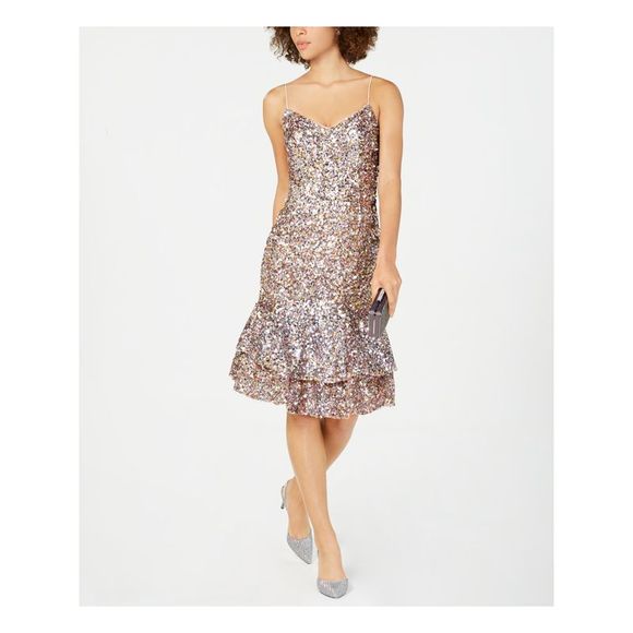 ADRIANNA PAPELL Womens Pink Ruffle Spaghetti Strap Knee Length Party Dress 4 - Picture 1 of 1